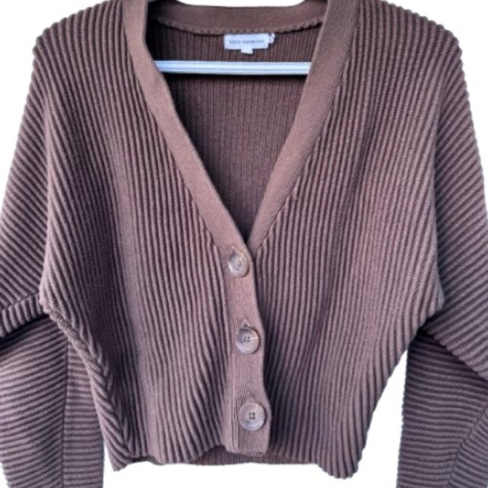 Good American heavy rib crop V-neck cardigan brown women's size 1 - Picture 3 of 6